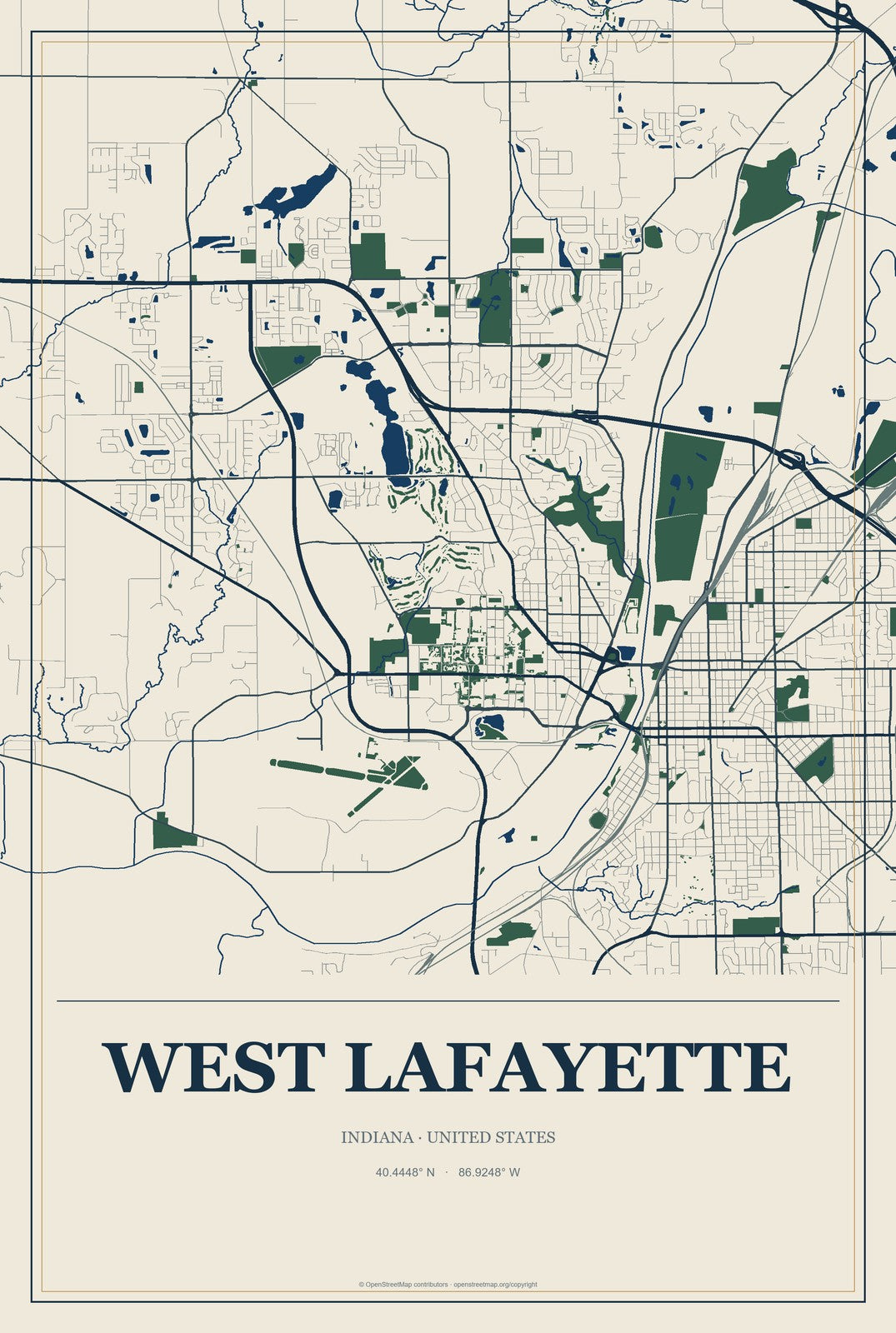 West Lafayette, Indiana City Map Aluminum Sign in Coastal Cutout style