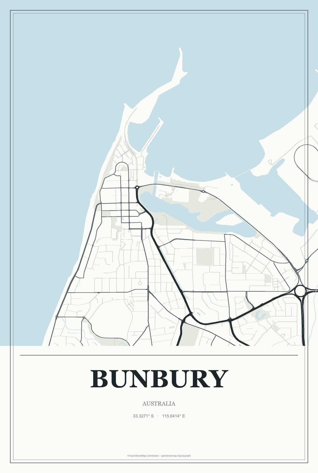 Bunbury, Australia City Map Aluminum Sign in Gallery Air style