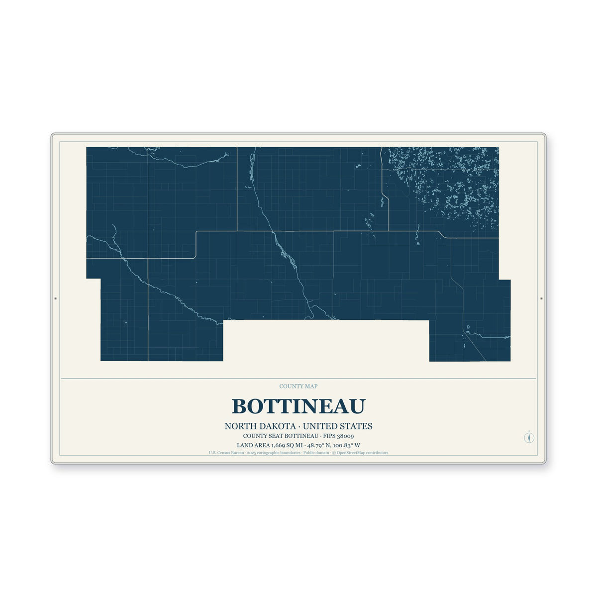 Bottineau County, North Dakota Map Aluminum Sign in Coastal Cutout style