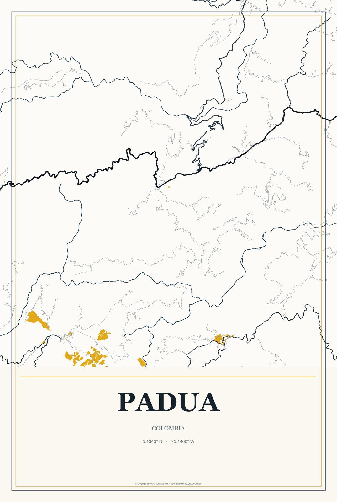 Padua, Colombia City Map Aluminum Sign in Citrine Modern style