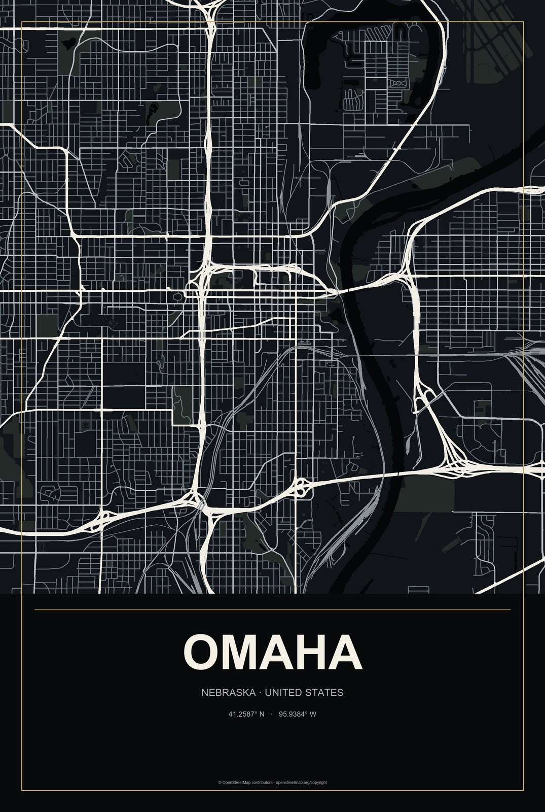 Omaha, Nebraska City Map Aluminum Sign in Metropolitan Noir style