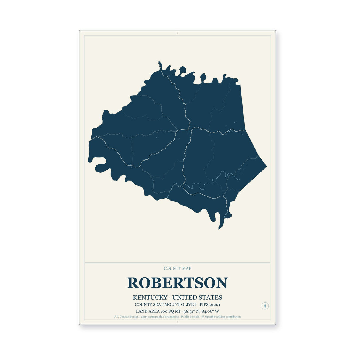 Robertson County, Kentucky Map Aluminum Sign in Coastal Cutout style