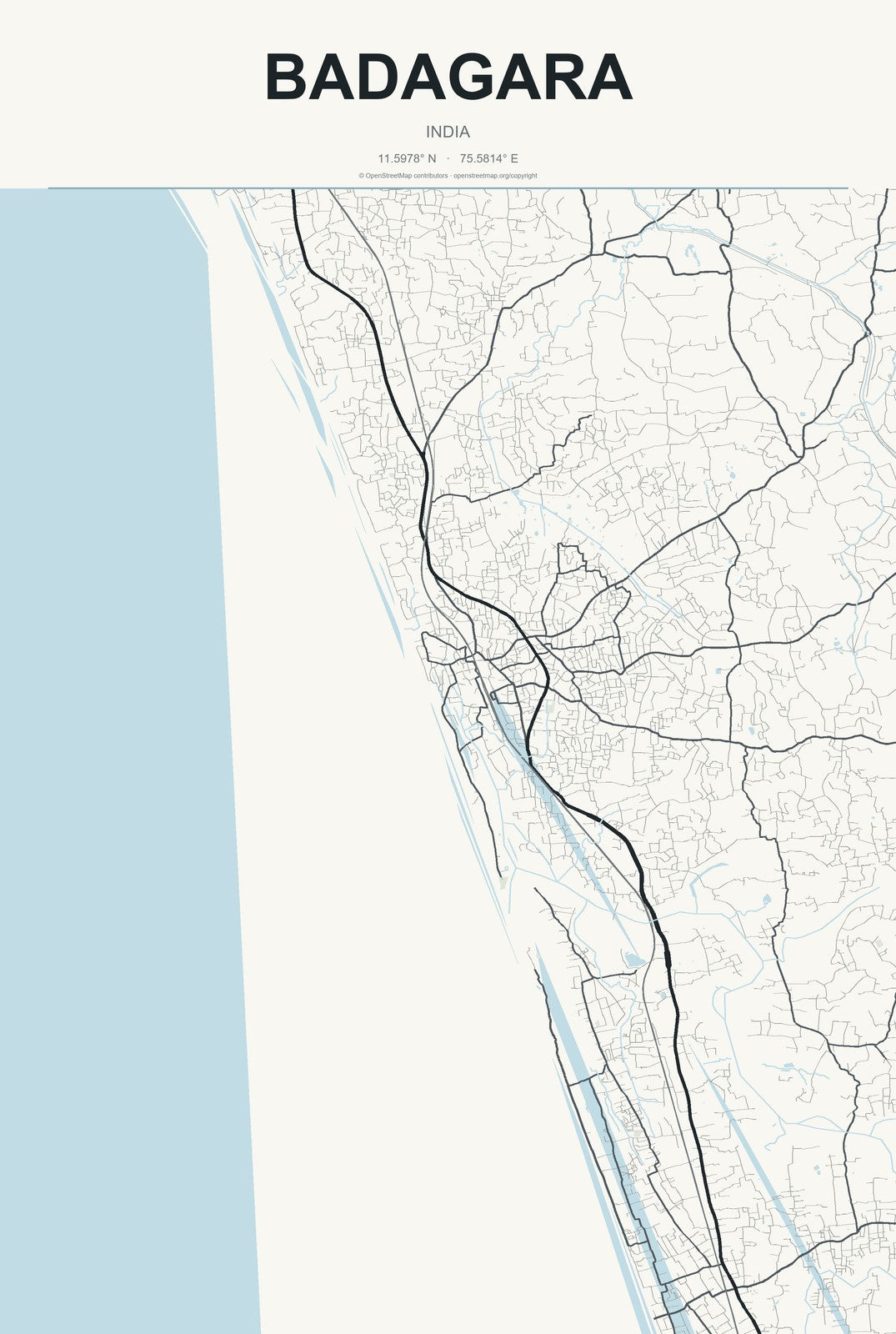 Badagara, India City Map Aluminum Sign in Headline Atlas style