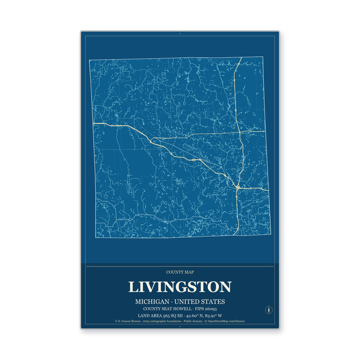 Livingston County, Michigan Map Aluminum Sign in Harbor Cobalt style