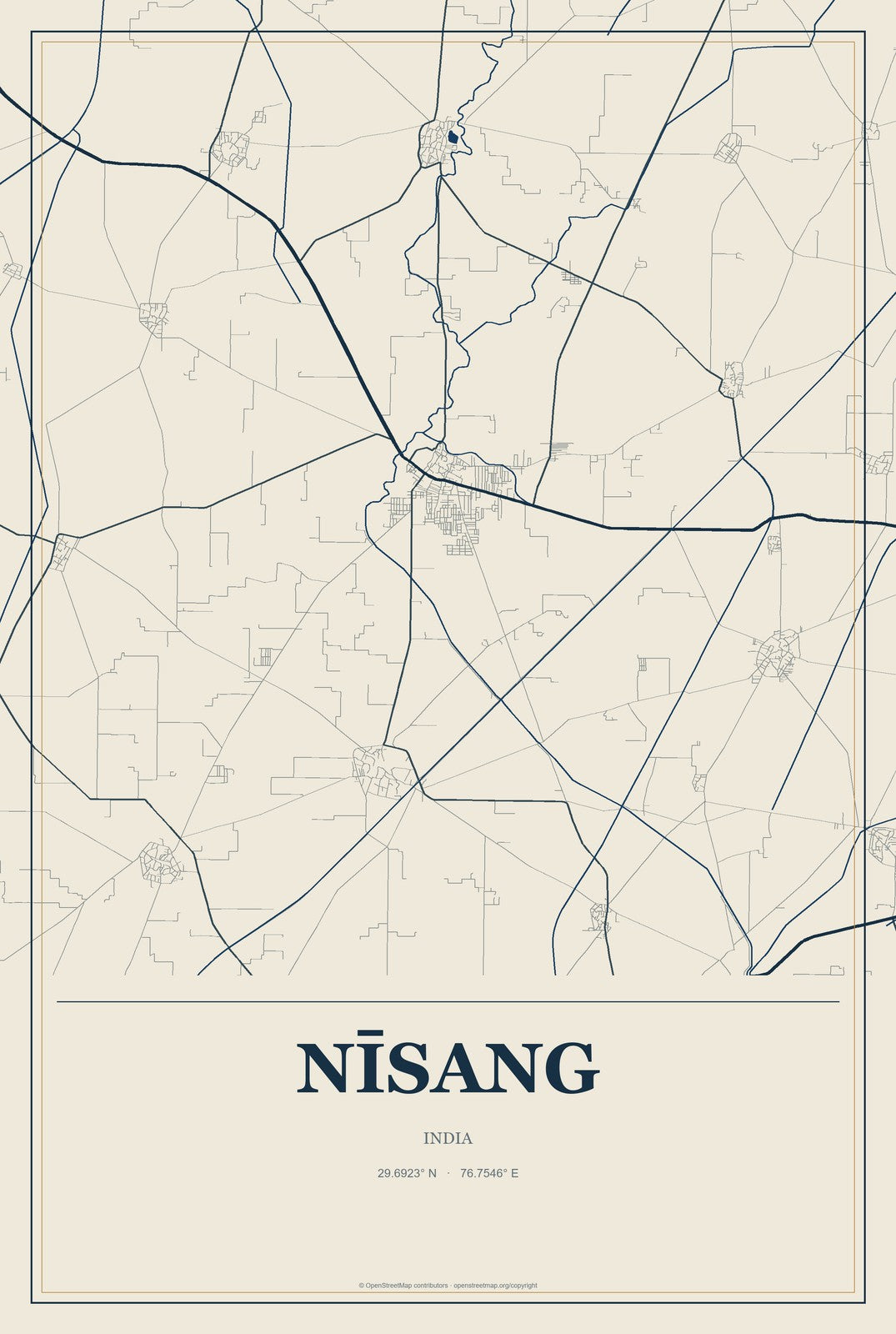 Nīsang, India City Map Aluminum Sign in Coastal Cutout style