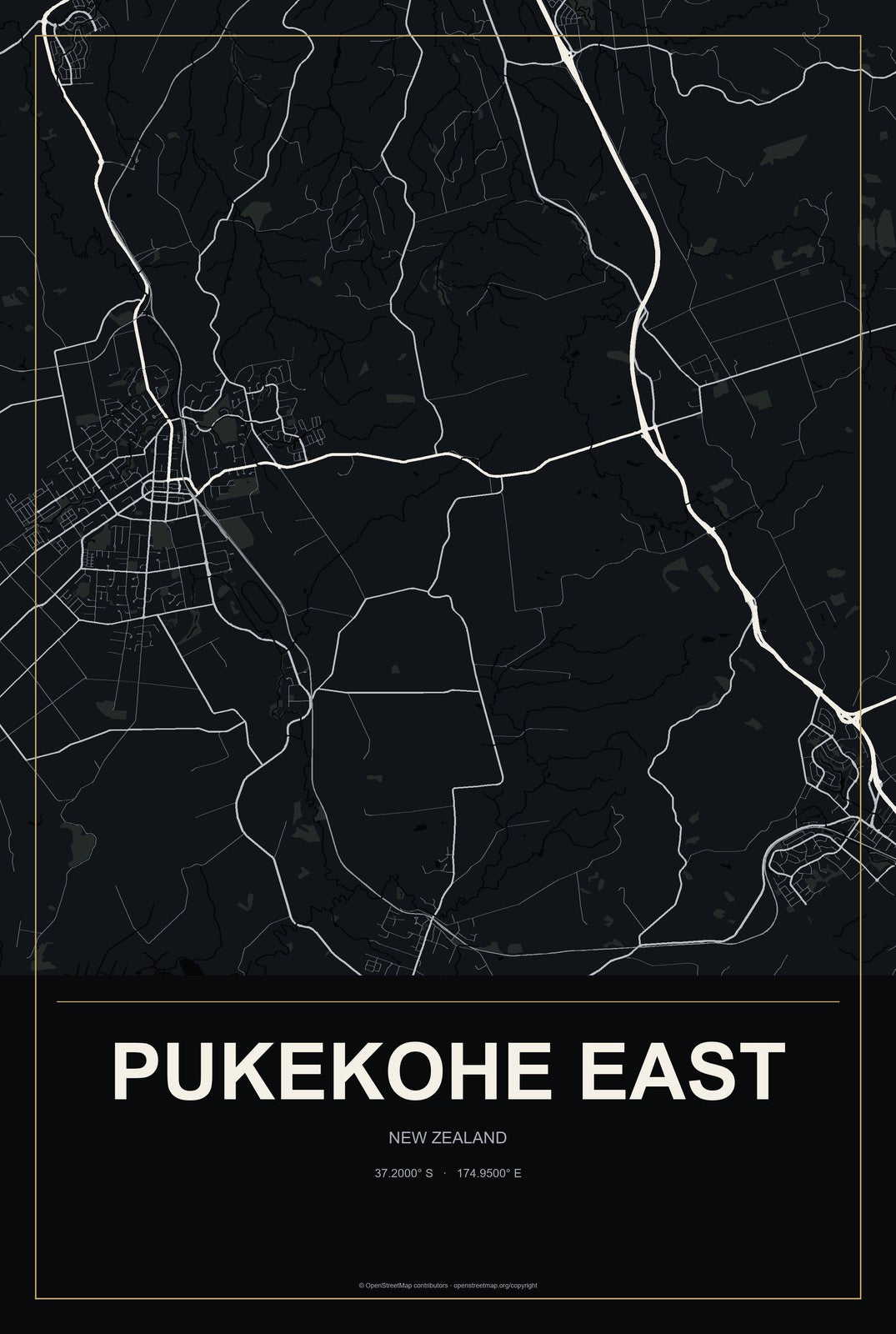 Pukekohe East, New Zealand City Map Aluminum Sign in Metropolitan Noir style