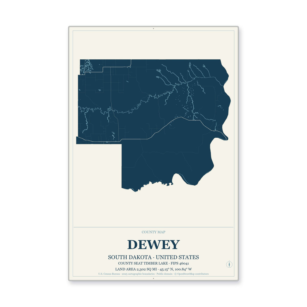 Dewey County, South Dakota Map Aluminum Sign in Coastal Cutout style