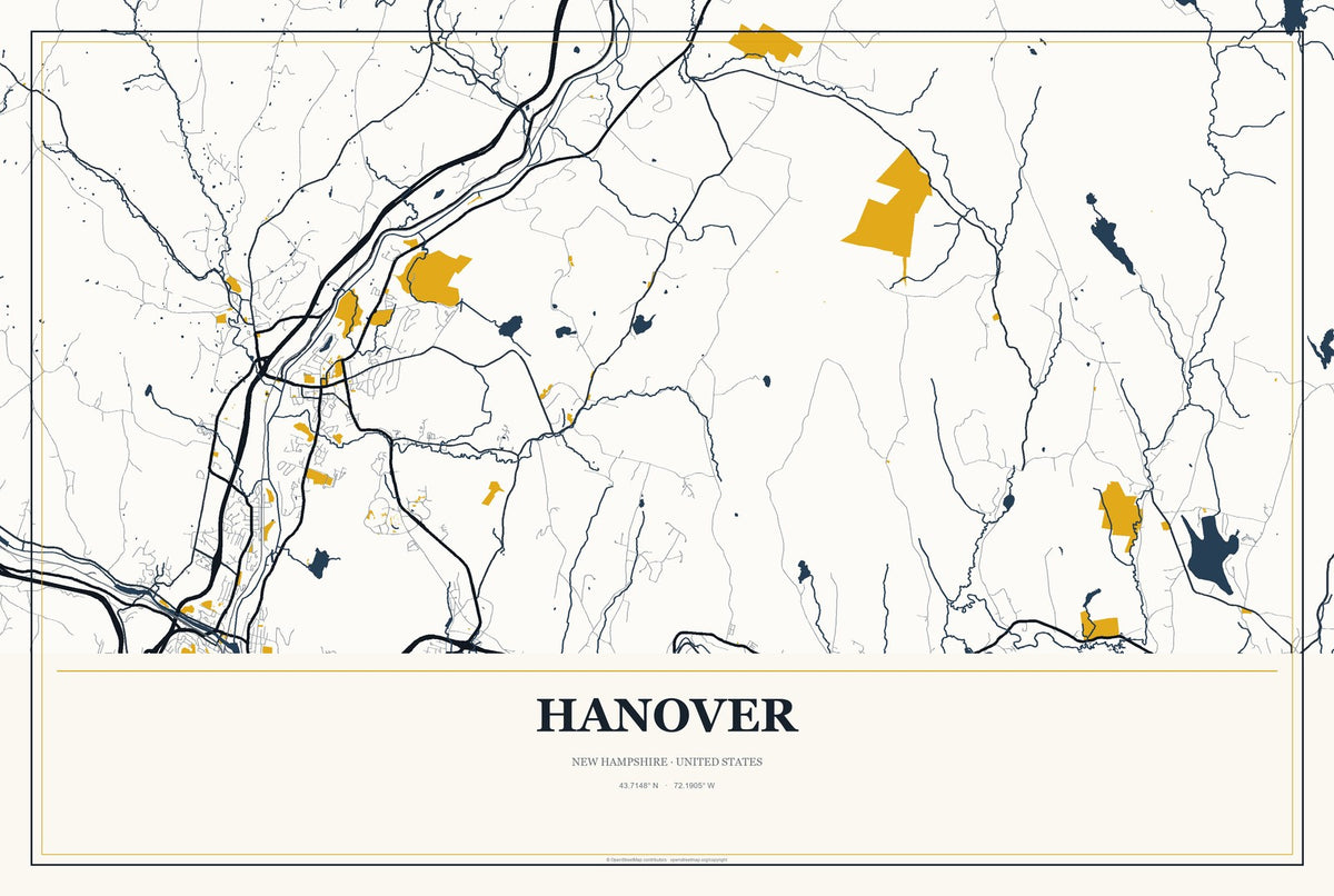 Hanover, New Hampshire City Map Aluminum Sign in Citrine Modern style
