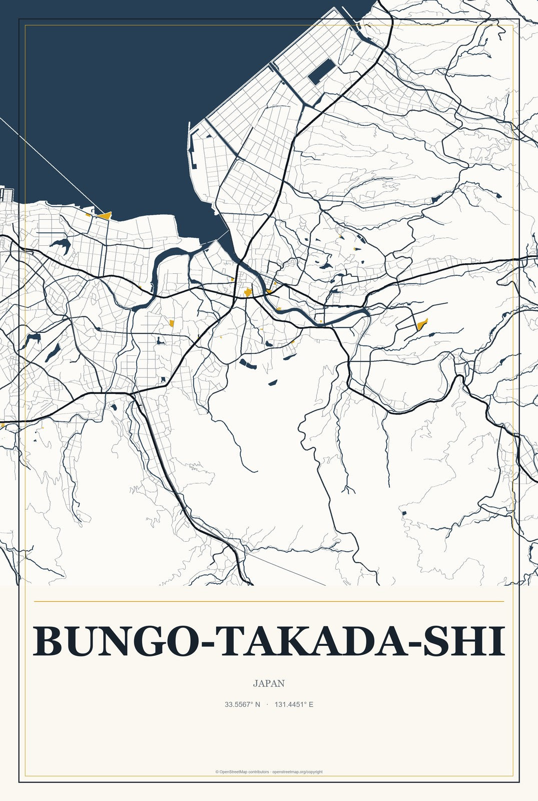 Bungo-Takada-shi, Japan City Map Aluminum Sign in Citrine Modern style