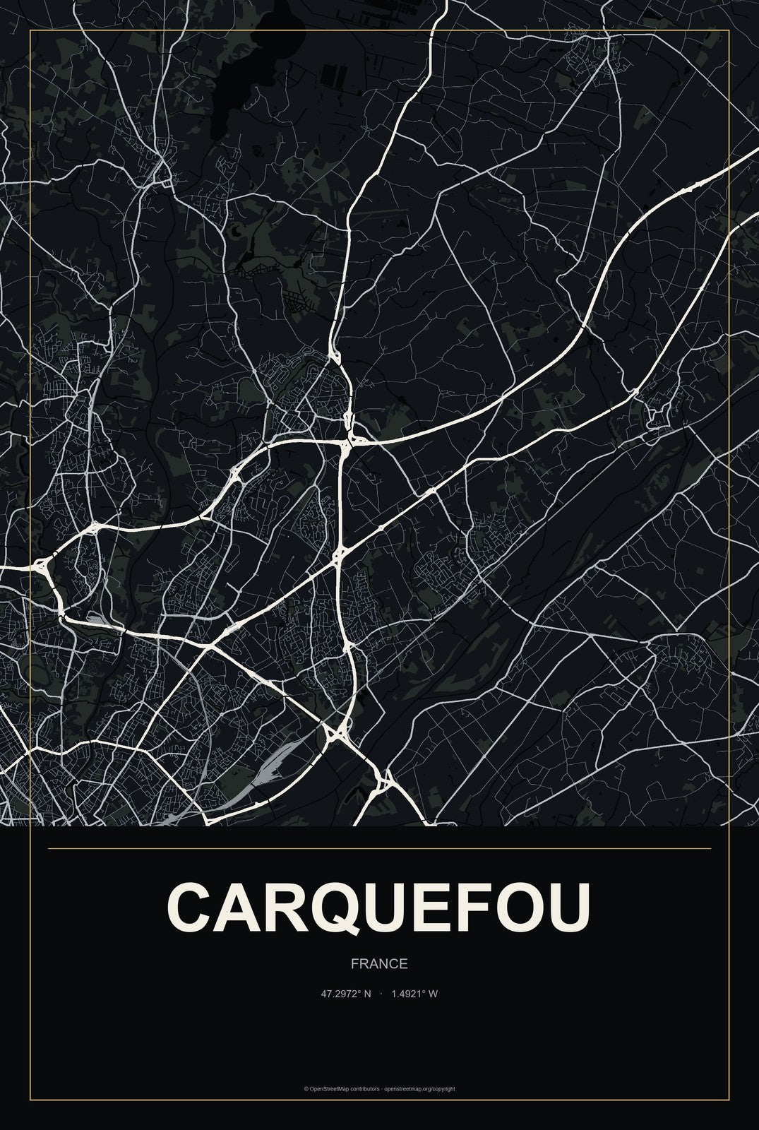 Carquefou, France City Map Aluminum Sign in Metropolitan Noir style