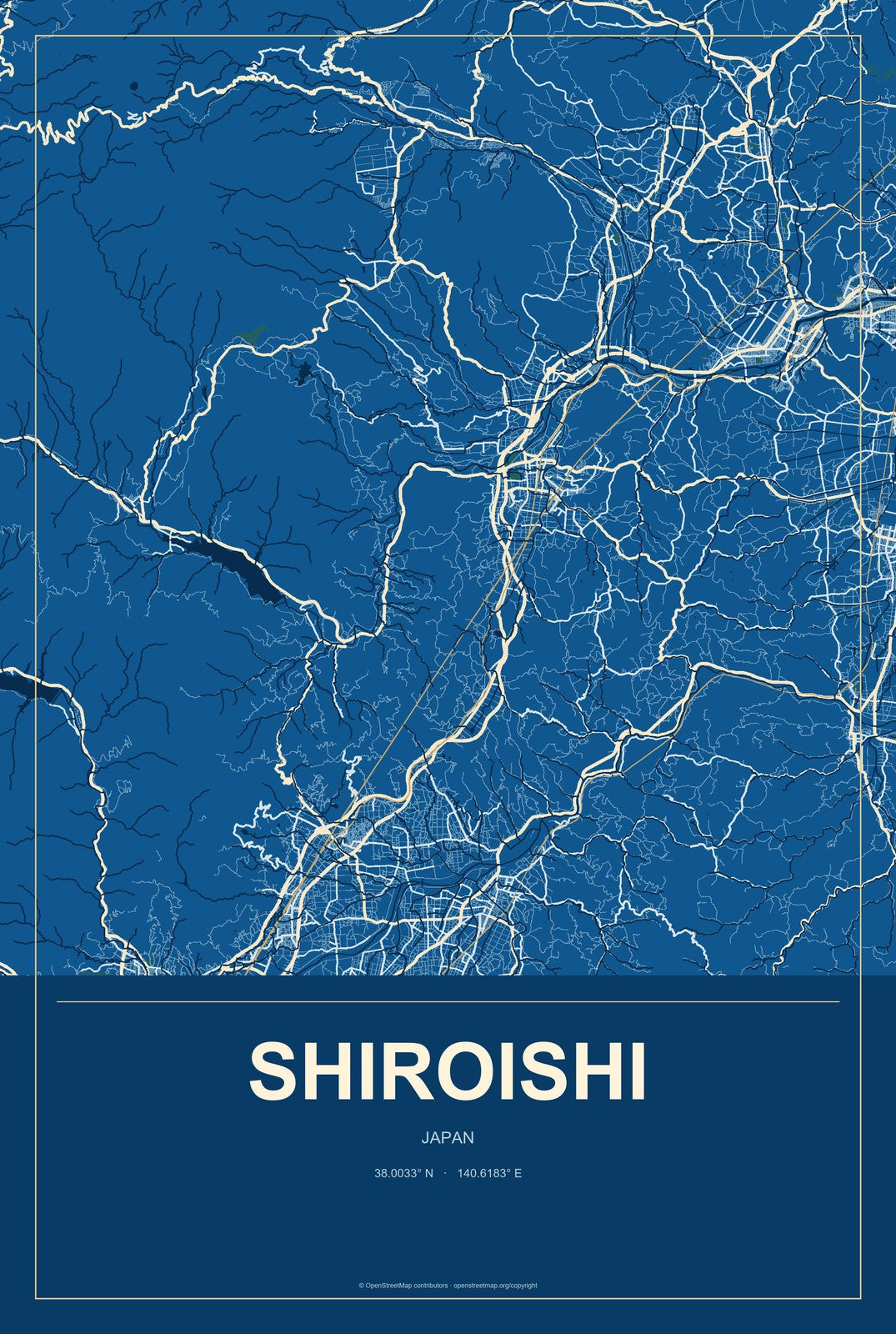 Shiroishi, Japan City Map Aluminum Sign in Harbor Cobalt style