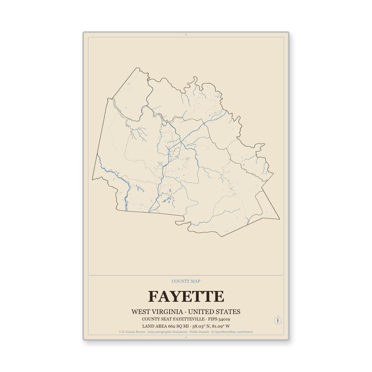 Fayette County, West Virginia Map Aluminum Sign in Heritage Nautical style