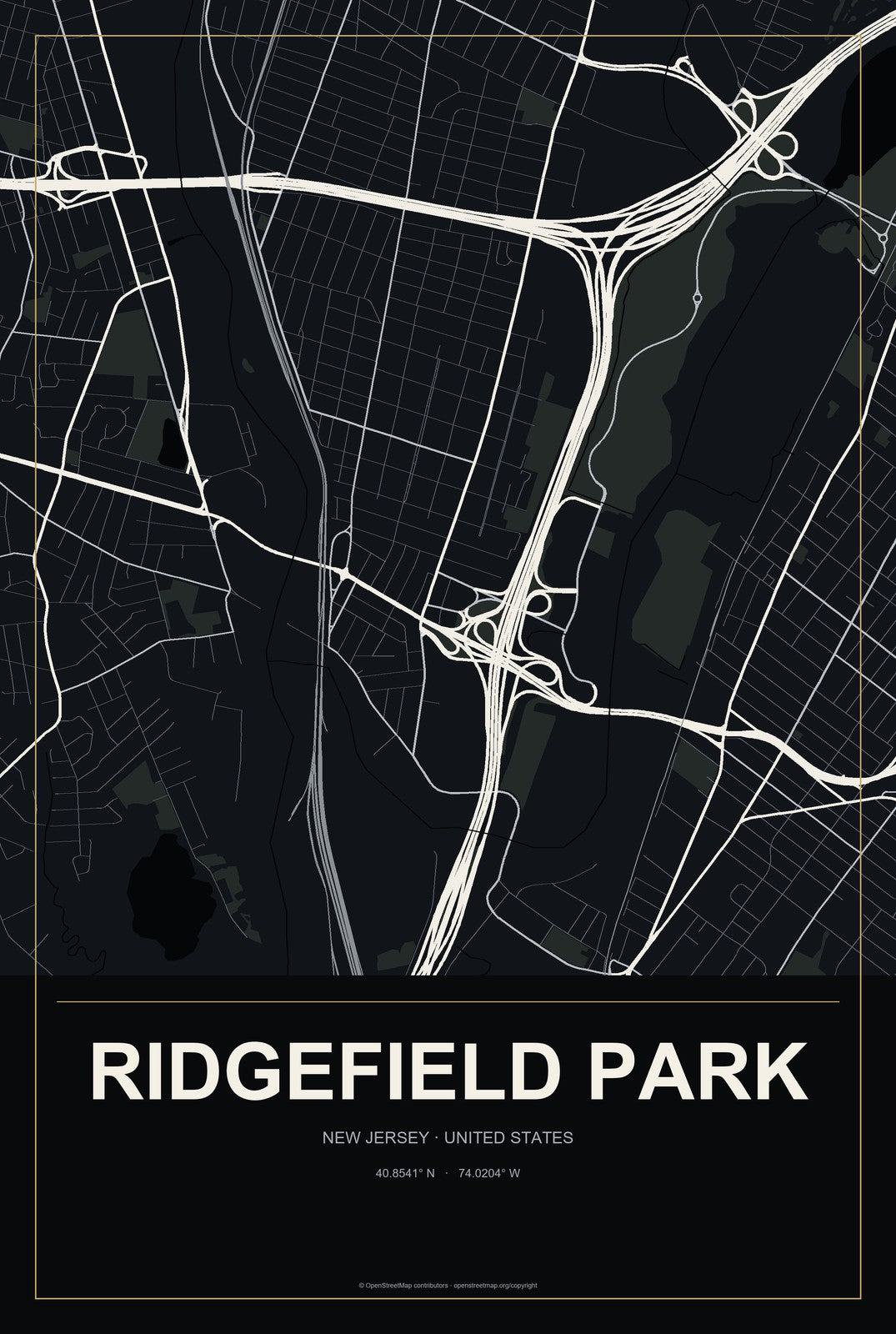 Ridgefield Park, New Jersey City Map Aluminum Sign in Metropolitan Noir style
