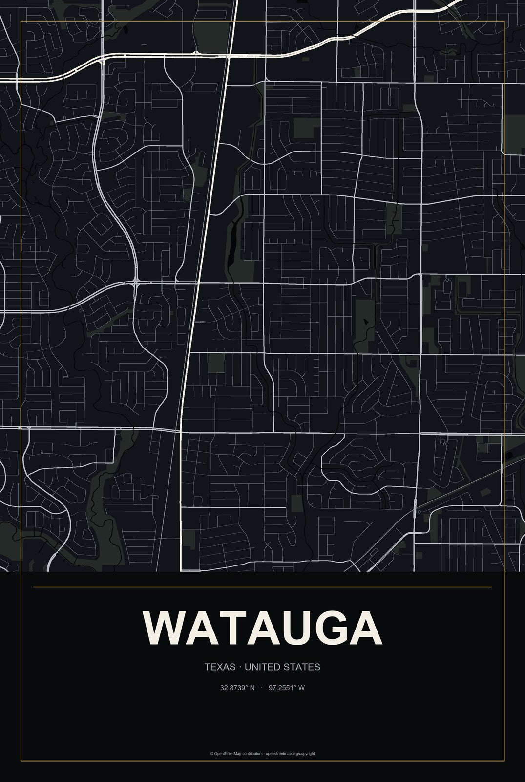 Watauga, Texas City Map Aluminum Sign in Metropolitan Noir style