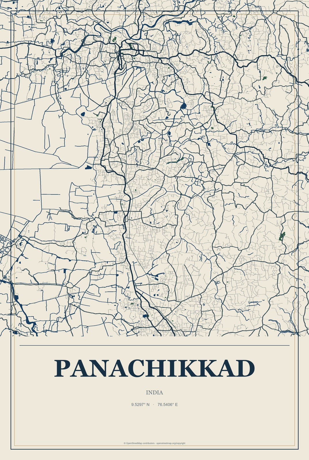 Panachikkad, India City Map Aluminum Sign in Coastal Cutout style