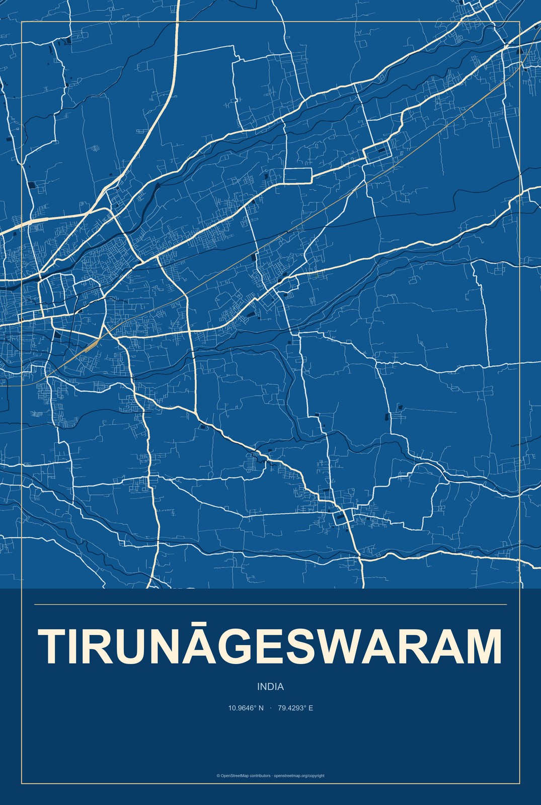 Tirunāgeswaram, India City Map Aluminum Sign in Harbor Cobalt style