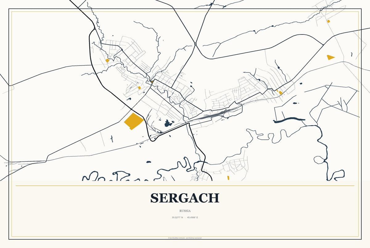 Sergach, Russia City Map Aluminum Sign in Citrine Modern style