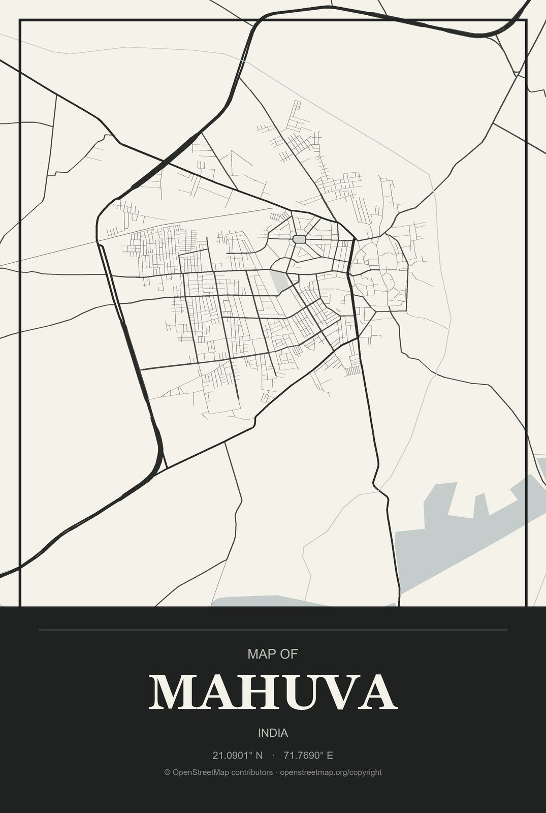Mahuva, India City Map Aluminum Sign in Museum Plaque style