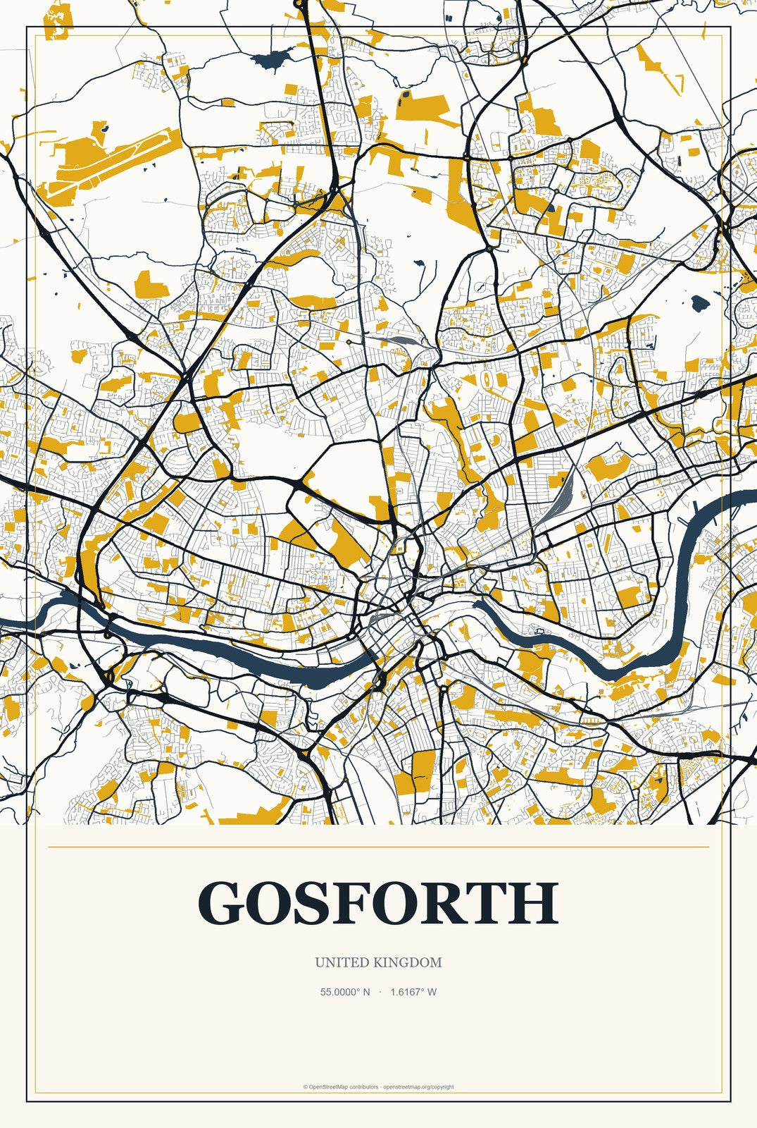 Gosforth, United Kingdom City Map Aluminum Sign in Citrine Modern style