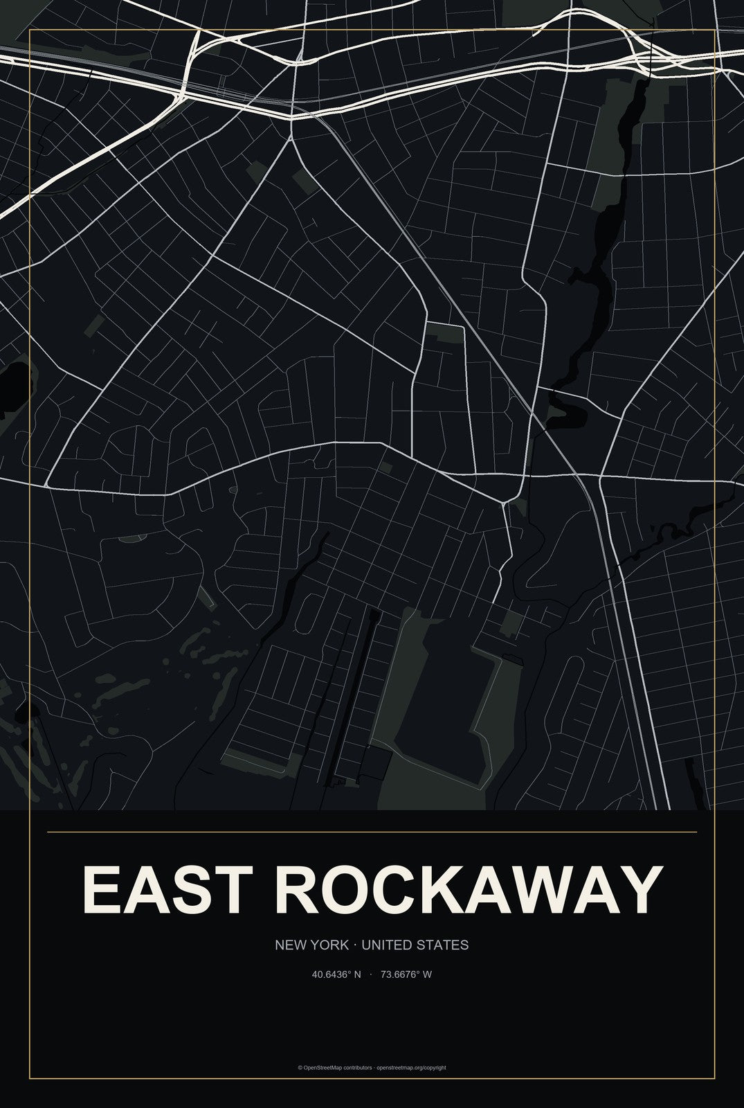 East Rockaway, New York City Map Aluminum Sign in Metropolitan Noir style