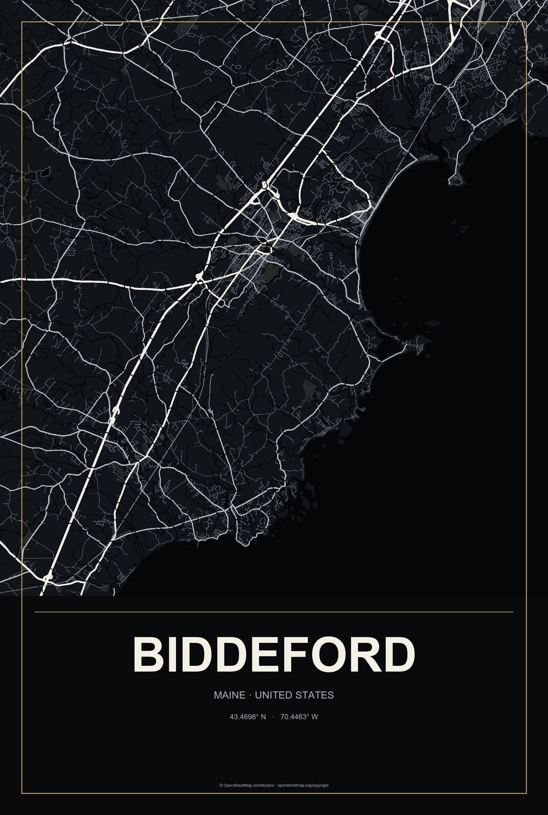 Biddeford, Maine City Map Aluminum Sign in Metropolitan Noir style