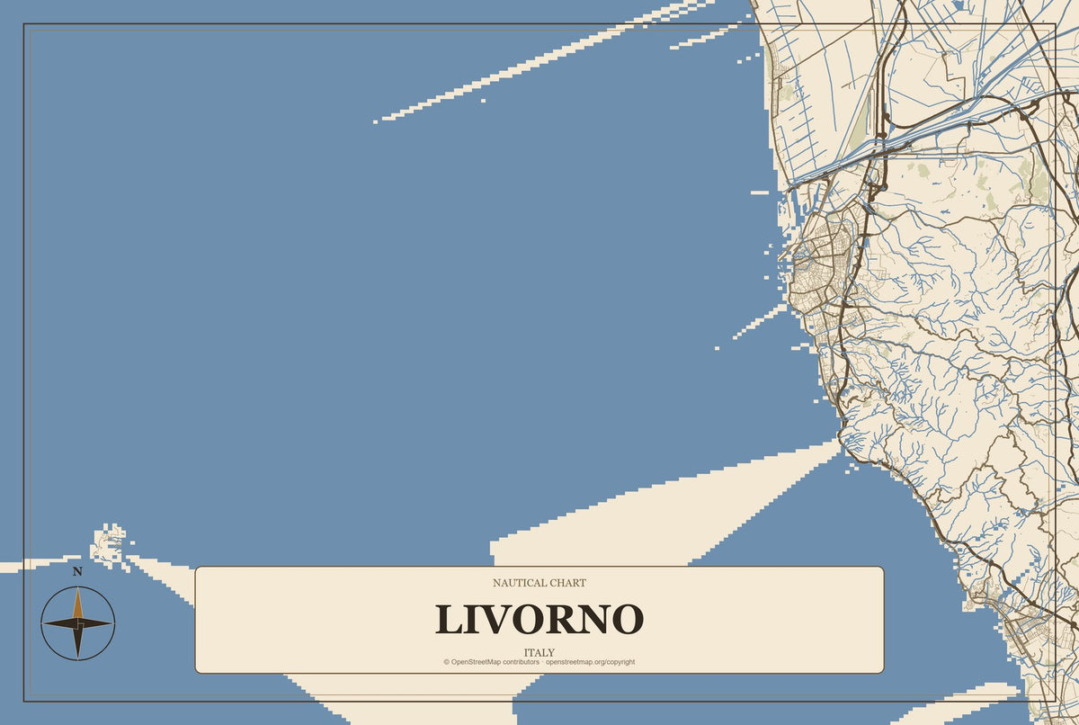 Livorno, Italy City Map Aluminum Sign in Heritage Nautical style