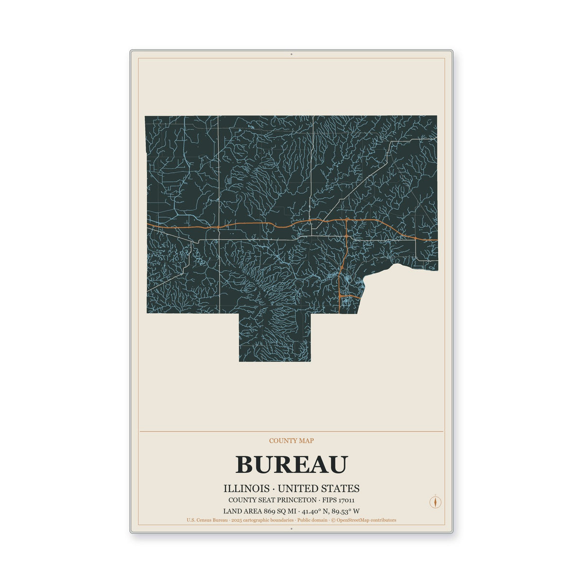 Bureau County, Illinois Map Aluminum Sign in Headline Atlas style