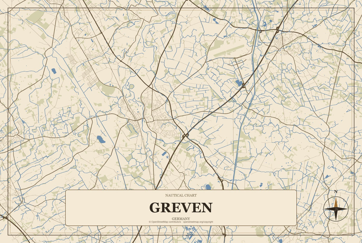 Greven, Germany City Map Aluminum Sign in Heritage Nautical style