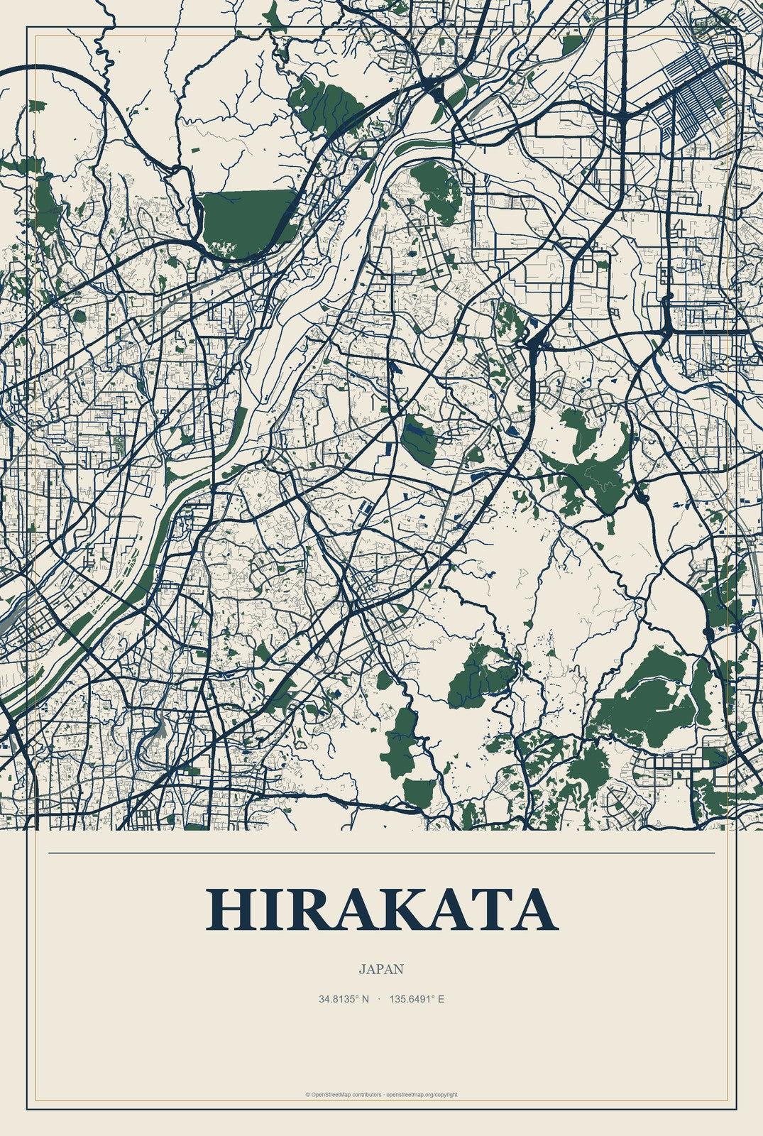 Hirakata, Japan City Map Aluminum Sign in Coastal Cutout style