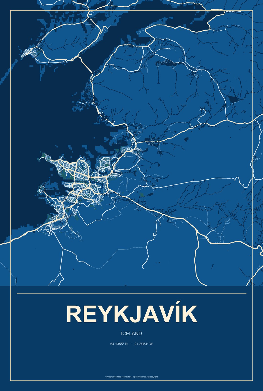 Reykjavík, Iceland City Map Aluminum Sign in Harbor Cobalt style