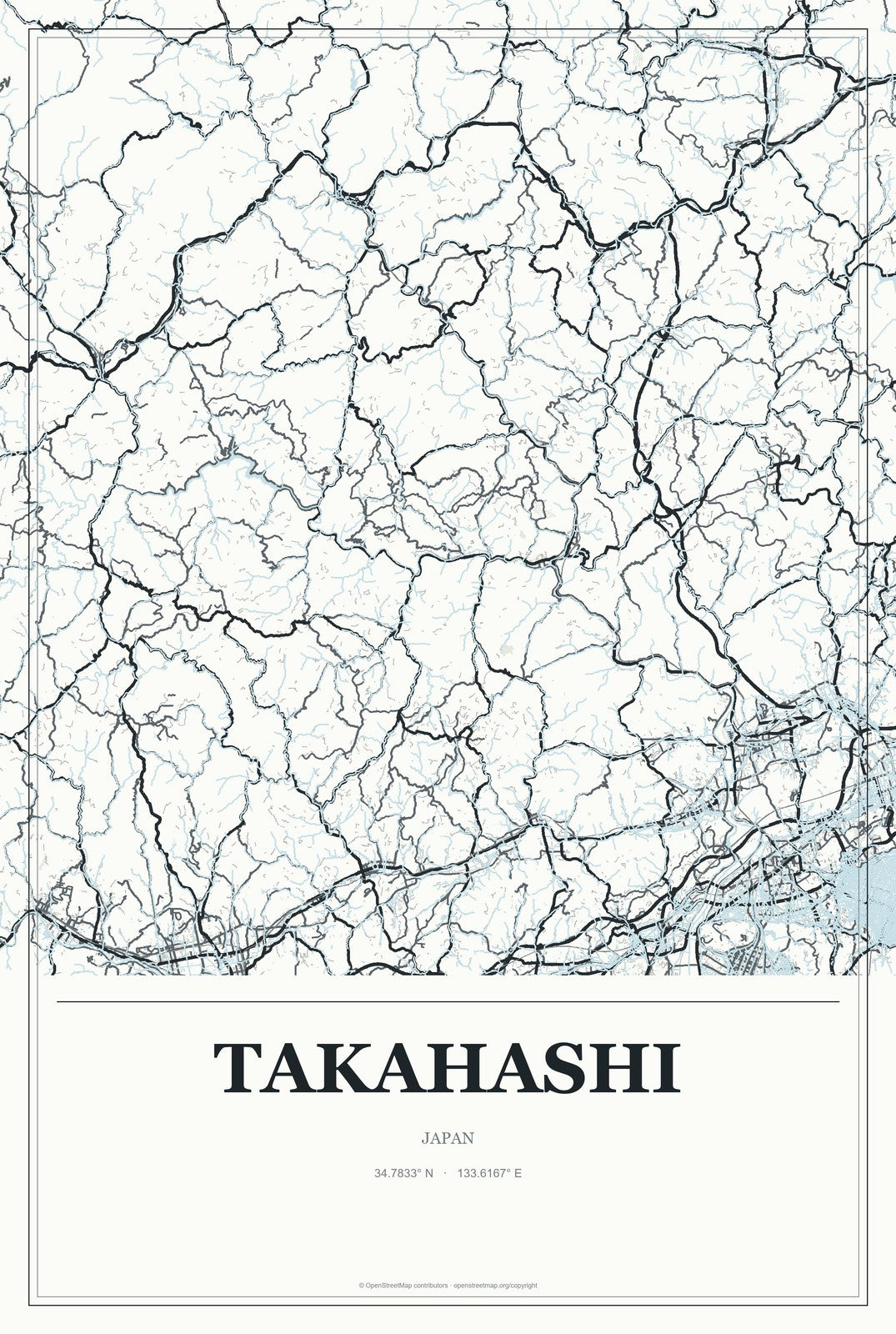 Takahashi, Japan City Map Aluminum Sign in Gallery Air style