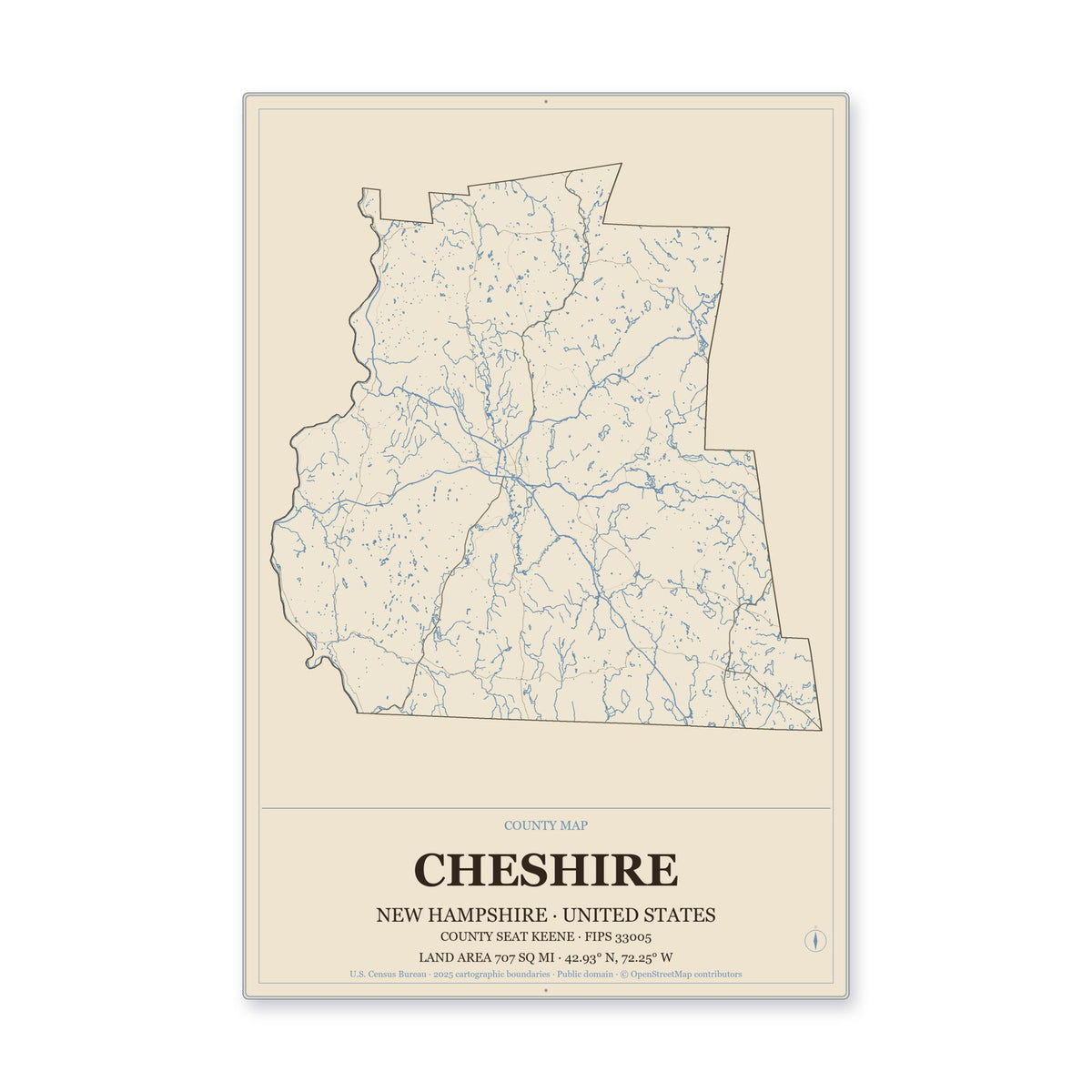 Cheshire County, New Hampshire Map Aluminum Sign in Heritage Nautical style
