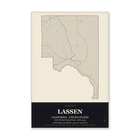 Lassen County, California Map Aluminum Sign in Museum Plaque style