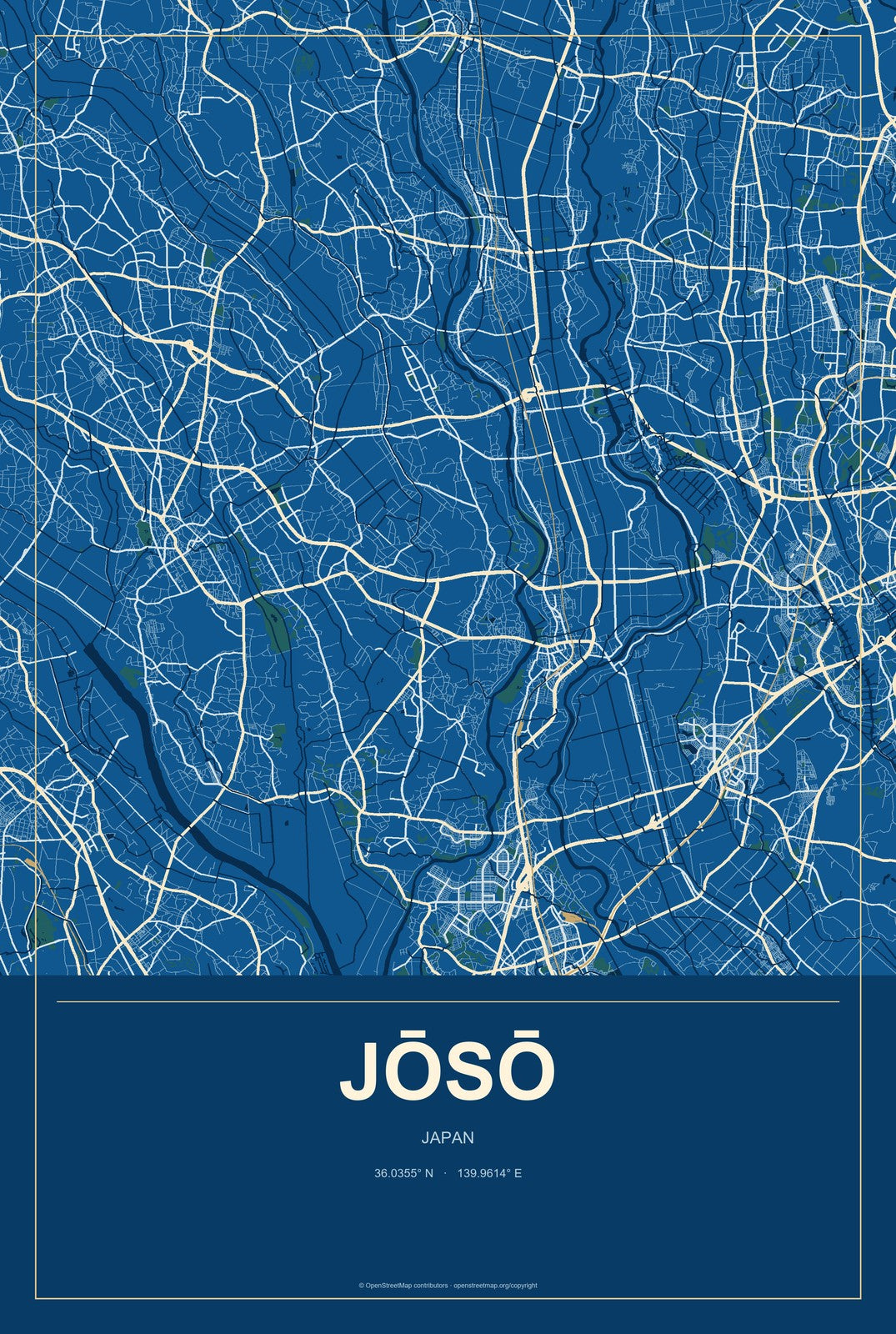 Jōsō, Japan City Map Aluminum Sign in Harbor Cobalt style