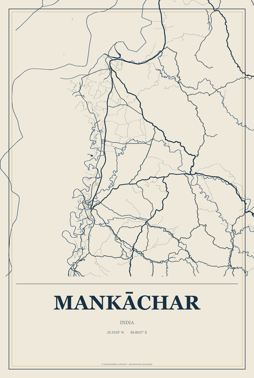 Mankāchar, India City Map Aluminum Sign in Coastal Cutout style