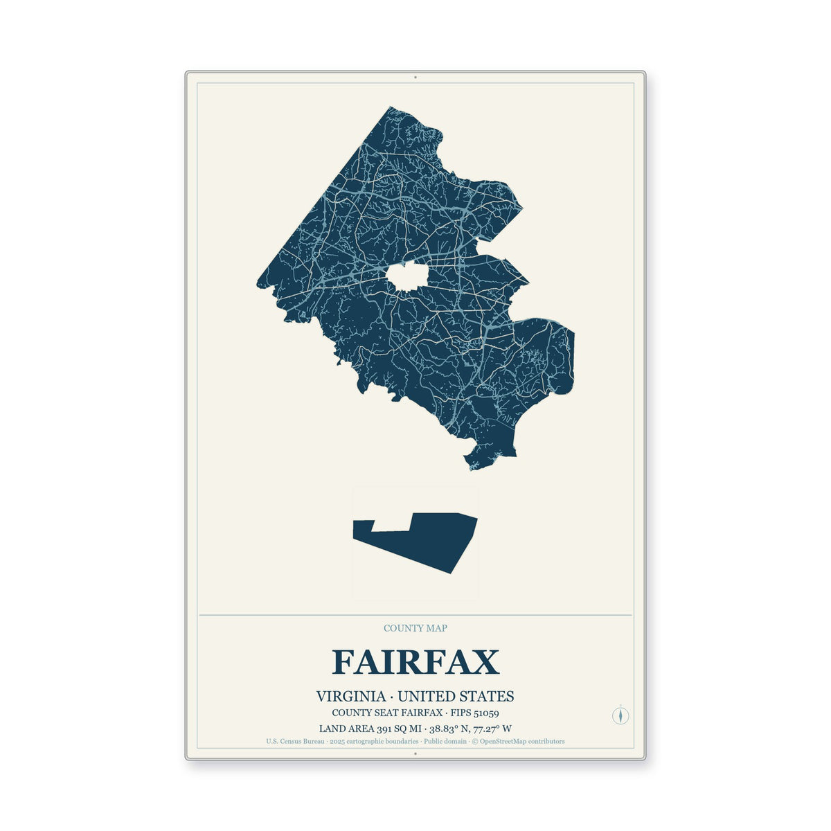 Fairfax County, Virginia Map Aluminum Sign in Coastal Cutout style