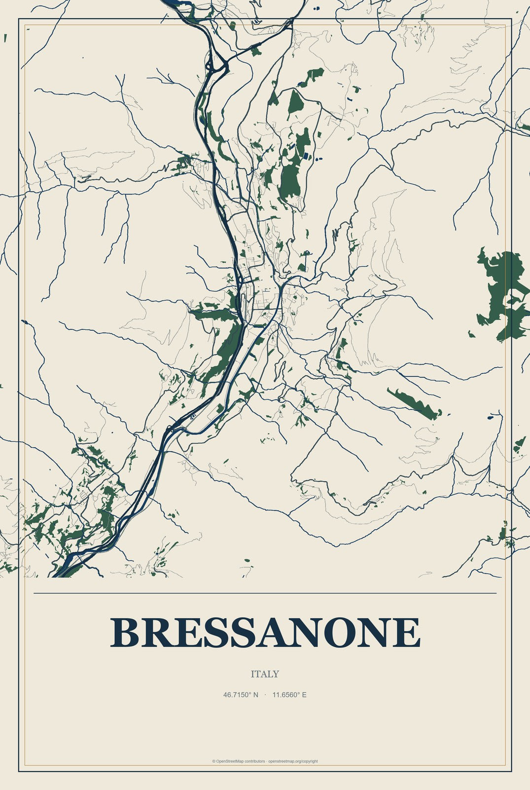 Bressanone, Italy City Map Aluminum Sign in Coastal Cutout style