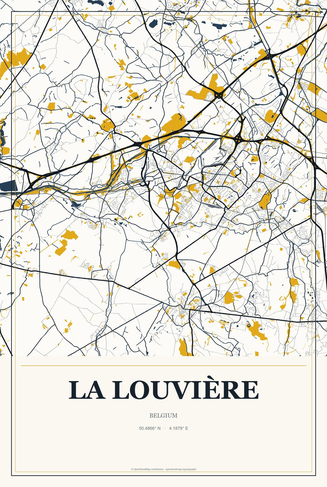 La Louvière, Belgium City Map Aluminum Sign in Citrine Modern style