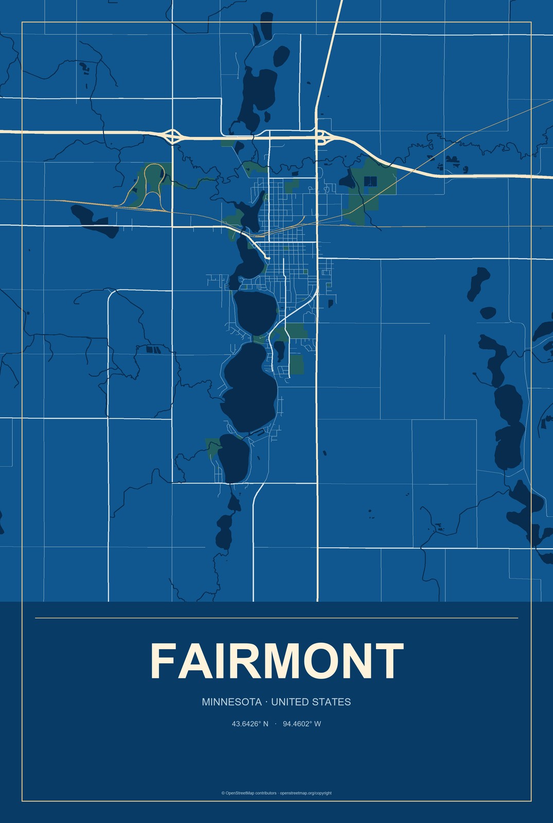 Fairmont, Minnesota City Map Aluminum Sign in Harbor Cobalt style