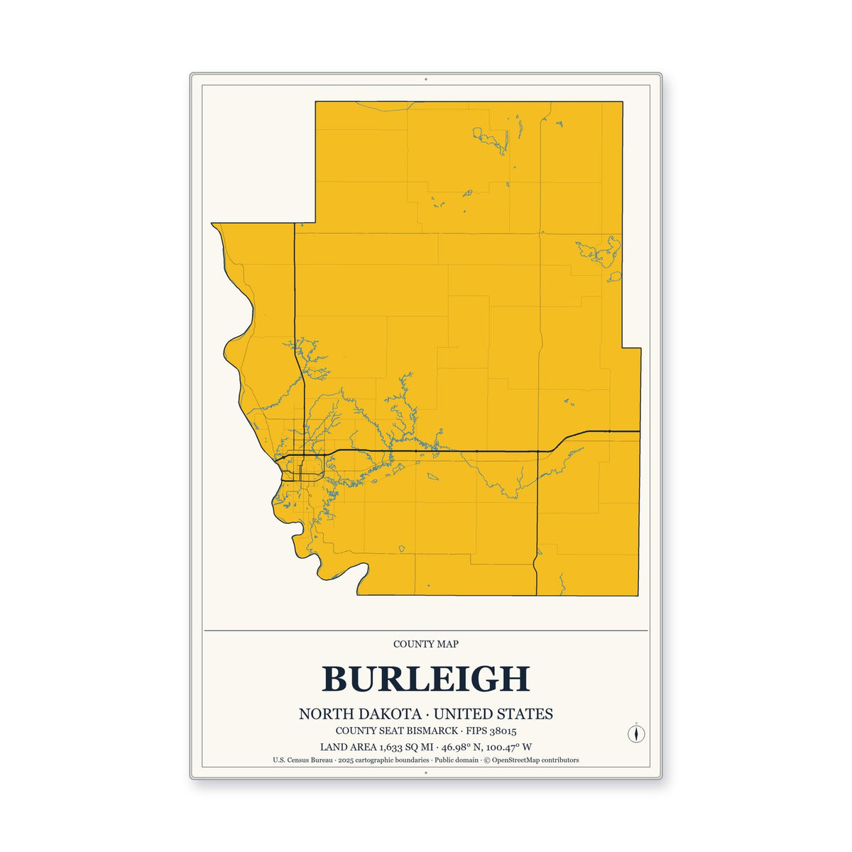 Burleigh County, North Dakota Map Aluminum Sign in Citrine Modern style