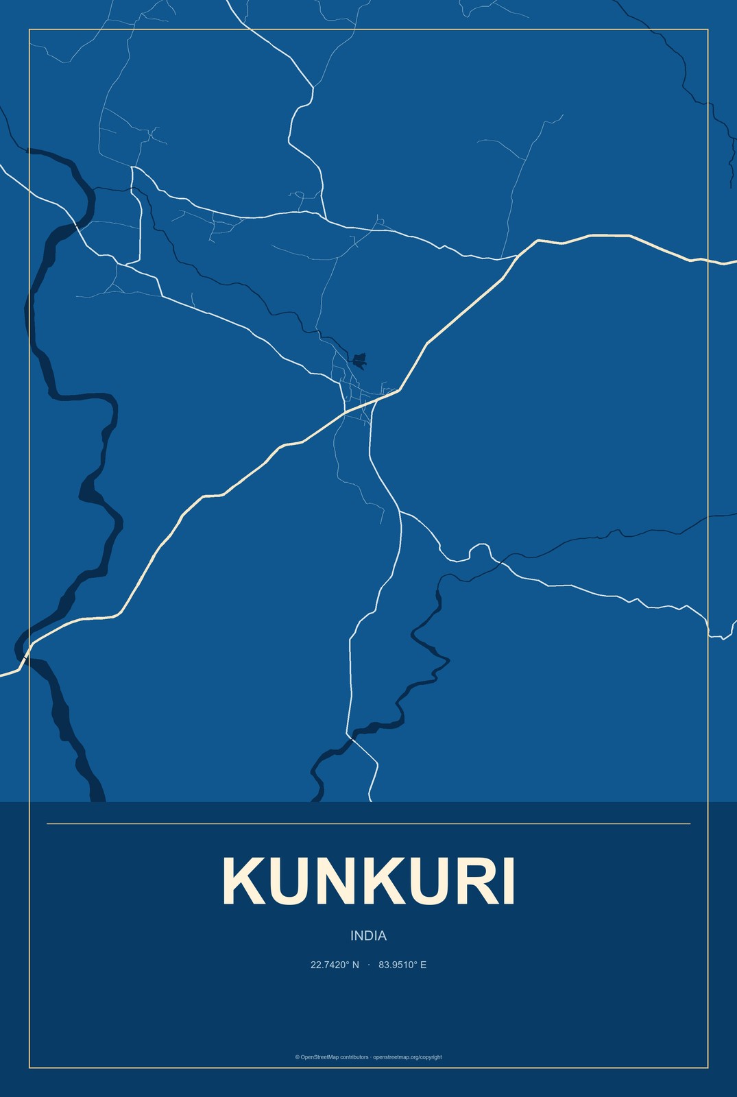 Kunkuri, India City Map Aluminum Sign in Harbor Cobalt style