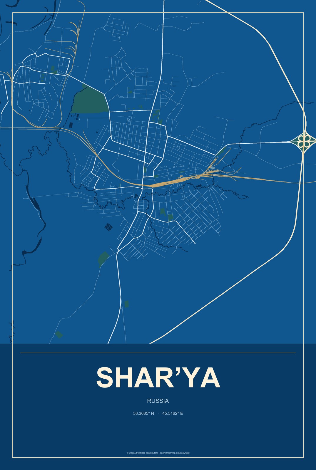 Shar’ya, Russia City Map Aluminum Sign in Harbor Cobalt style