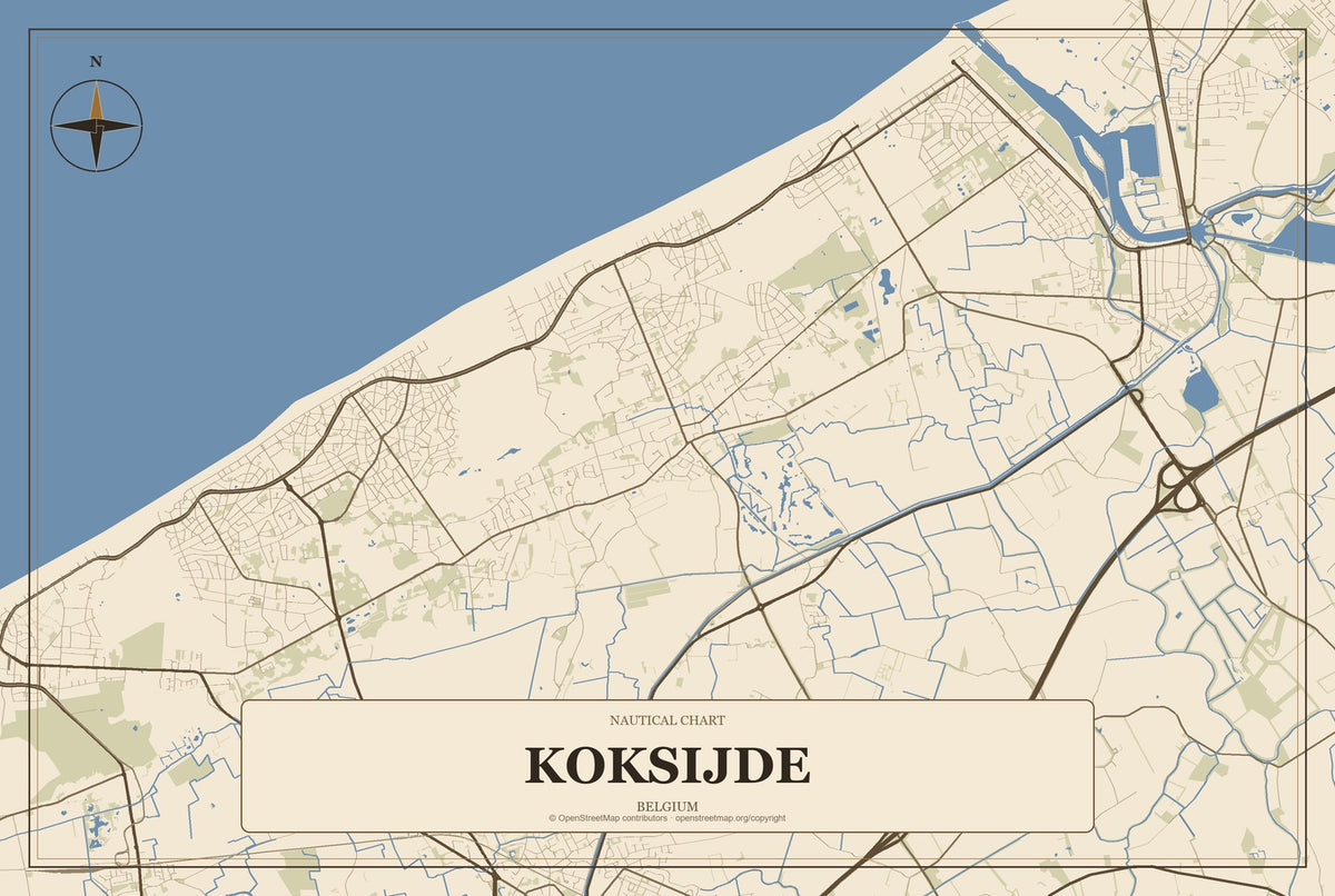 Koksijde, Belgium City Map Aluminum Sign in Heritage Nautical style