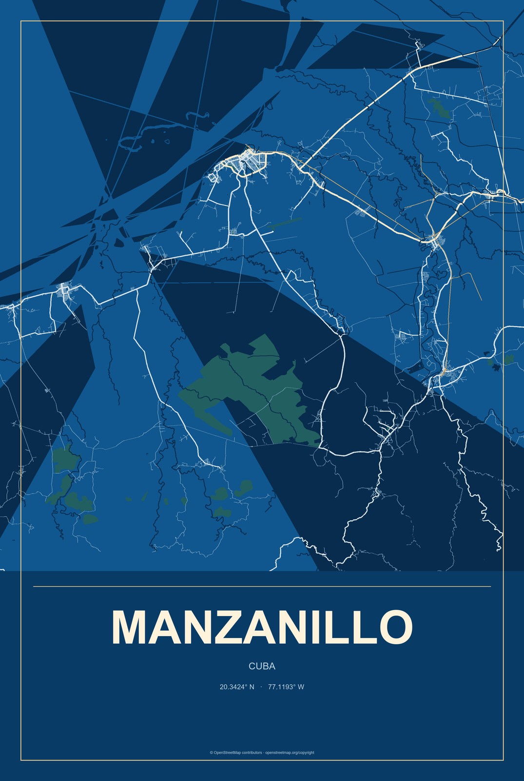 Manzanillo, Cuba City Map Aluminum Sign in Harbor Cobalt style