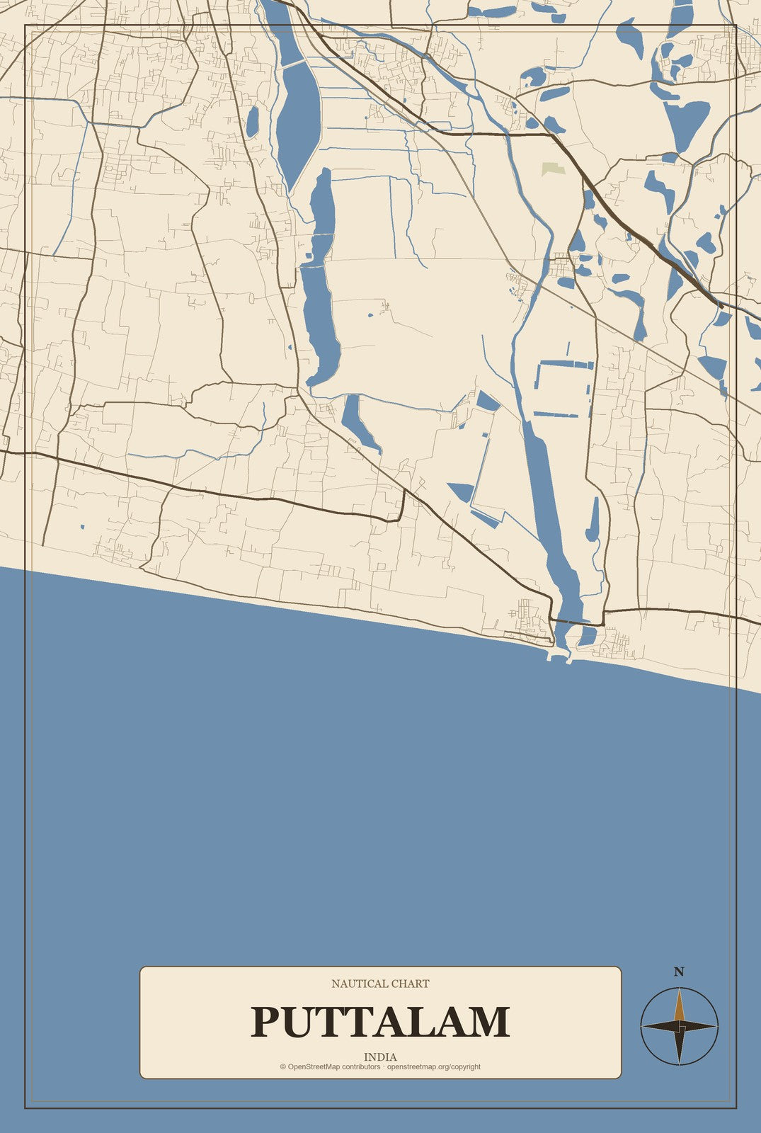 Puttalam, India City Map Aluminum Sign in Heritage Nautical style
