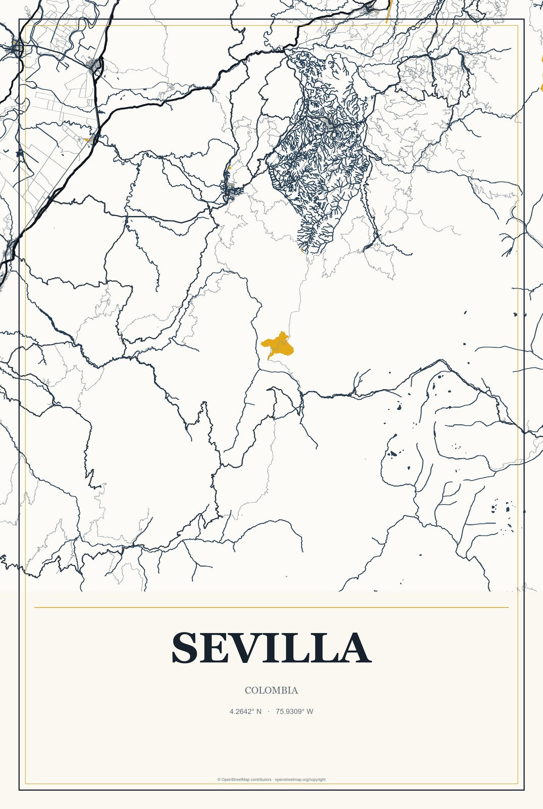 Sevilla, Colombia City Map Aluminum Sign in Citrine Modern style