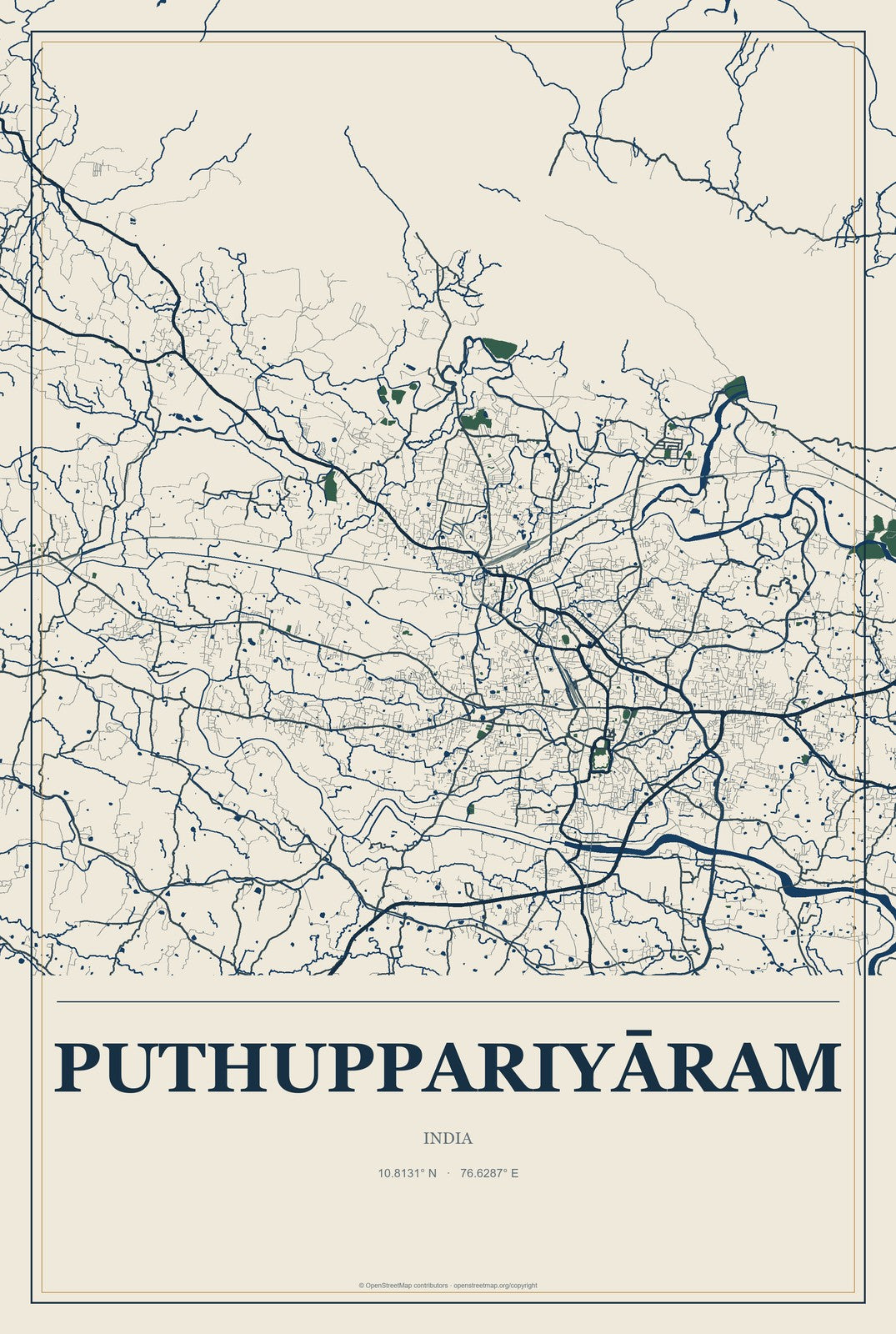 Puthuppariyāram, India City Map Aluminum Sign in Coastal Cutout style