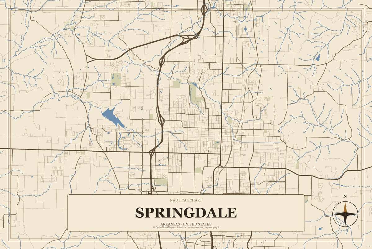 Springdale, Arkansas City Map Aluminum Sign in Heritage Nautical style