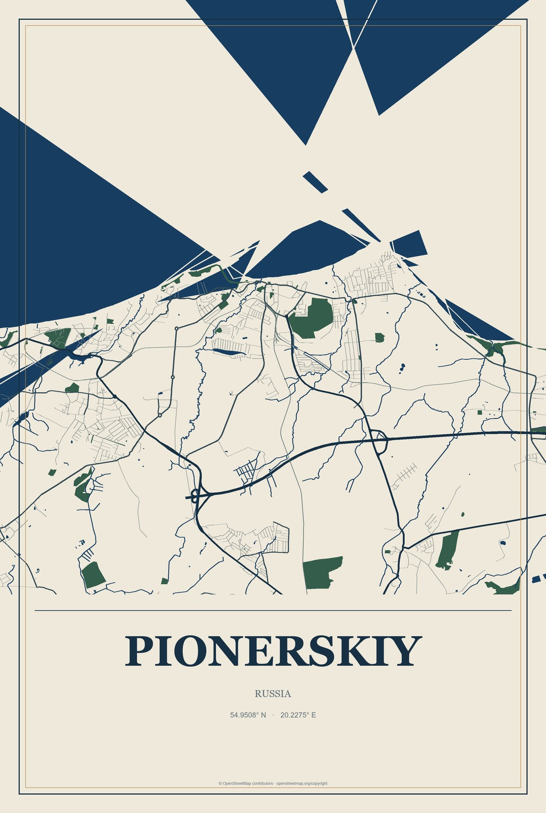 Pionerskiy, Russia City Map Aluminum Sign in Coastal Cutout style
