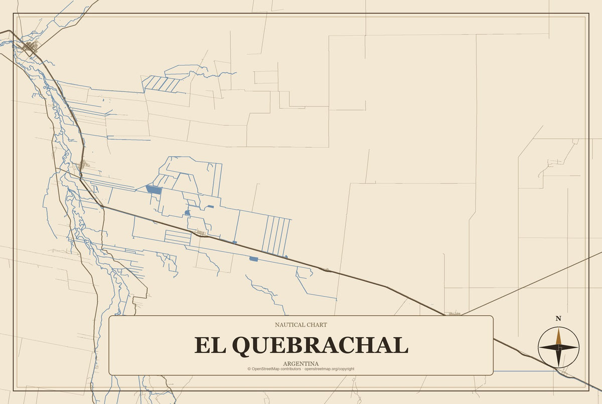 El Quebrachal, Argentina City Map Aluminum Sign in Heritage Nautical style